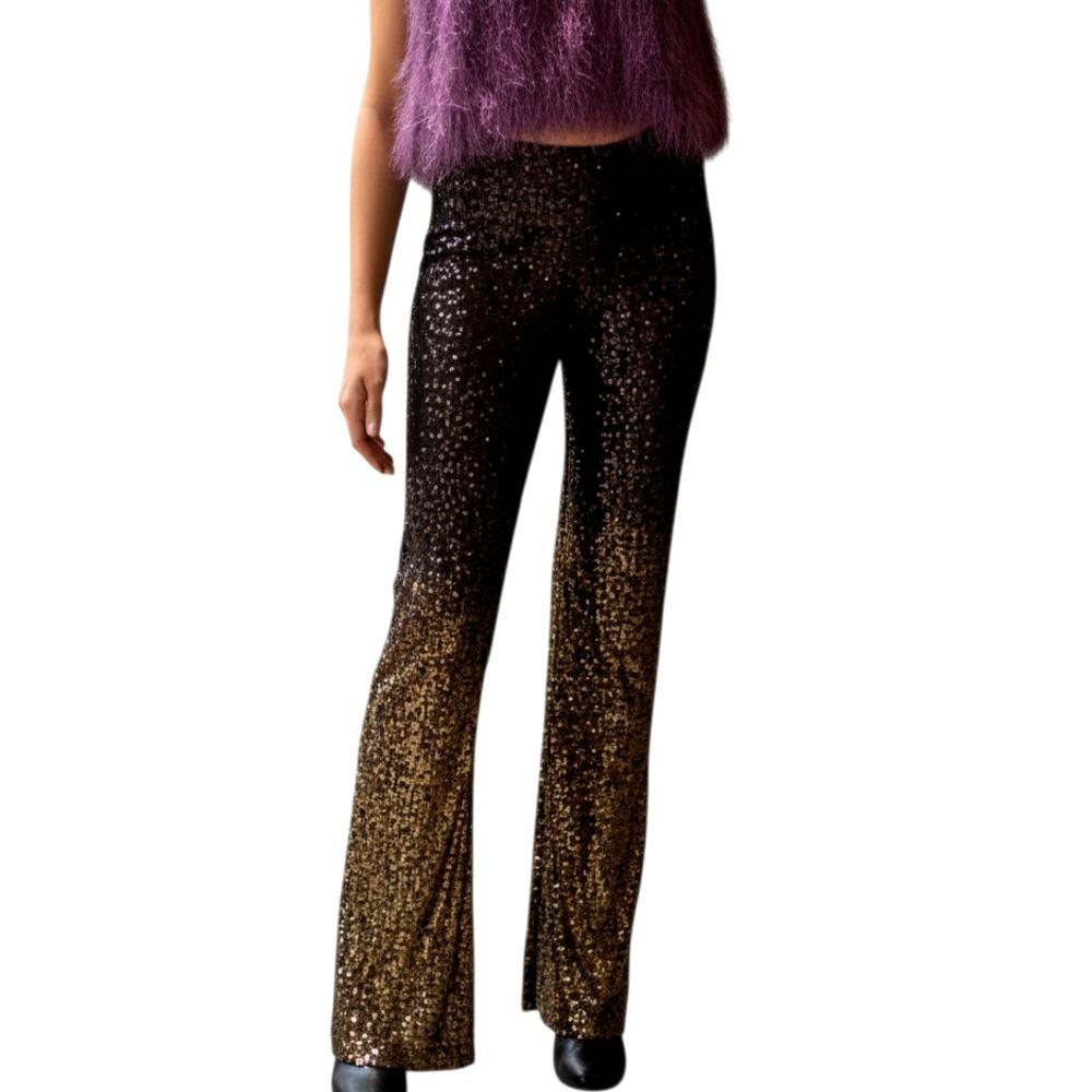 Zara Metallic Ombre Gold Sequin Wide Leg Pants Elastic Waist Palazzo Size Medium